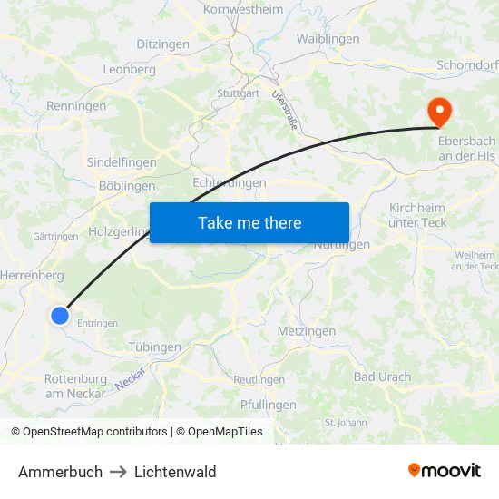 Ammerbuch to Lichtenwald map