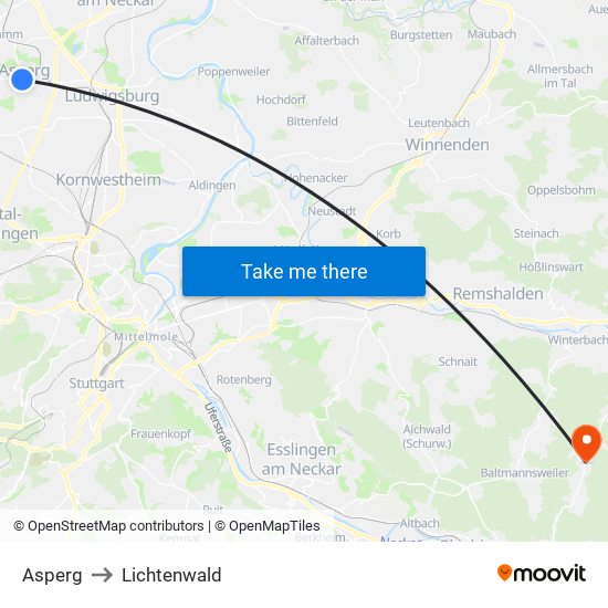 Asperg to Lichtenwald map