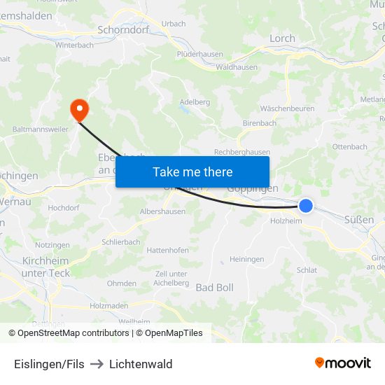 Eislingen/Fils to Lichtenwald map