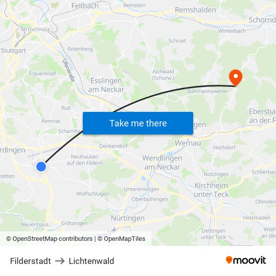 Filderstadt to Lichtenwald map