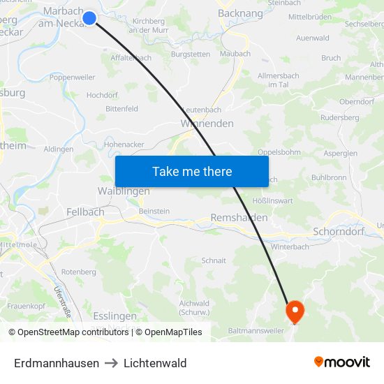 Erdmannhausen to Lichtenwald map