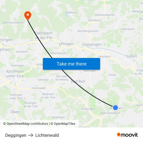 Deggingen to Lichtenwald map