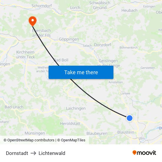 Dornstadt to Lichtenwald map