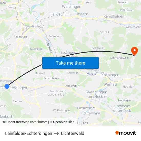 Leinfelden-Echterdingen to Lichtenwald map