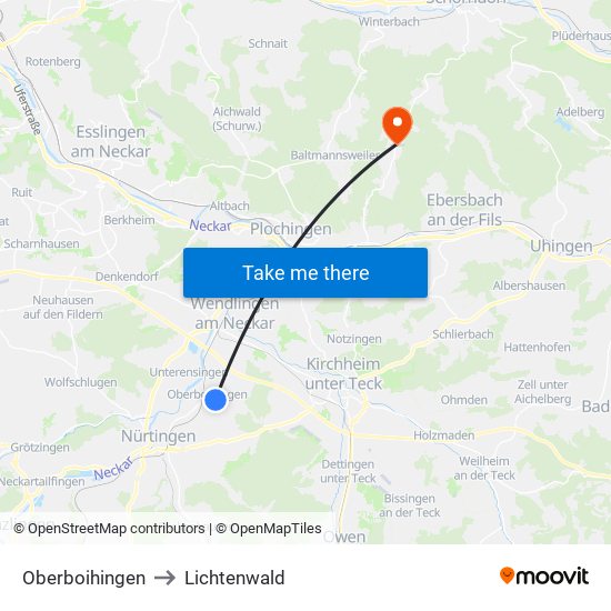 Oberboihingen to Lichtenwald map