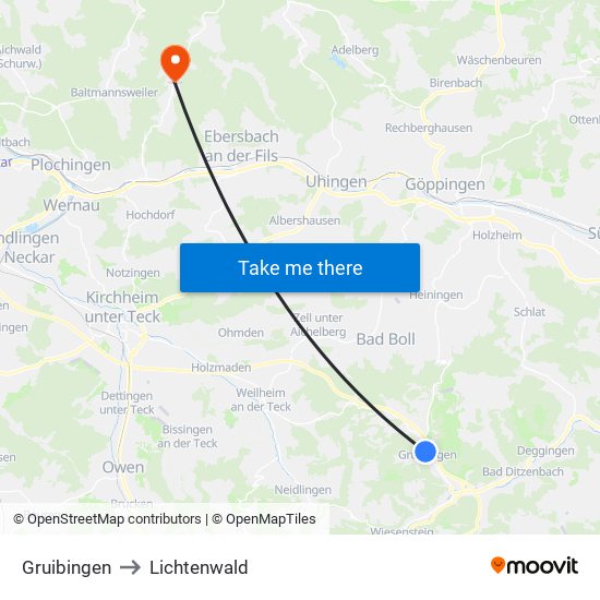 Gruibingen to Lichtenwald map