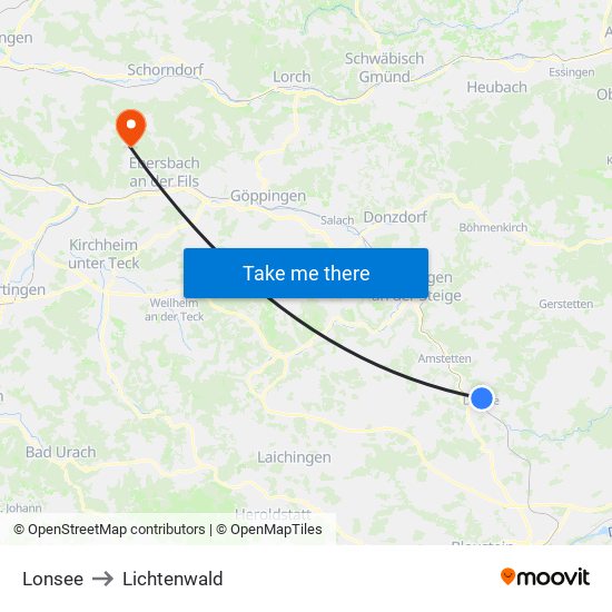 Lonsee to Lichtenwald map