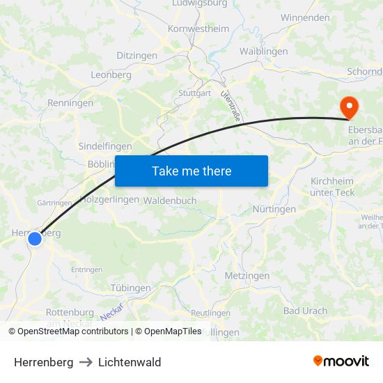 Herrenberg to Lichtenwald map