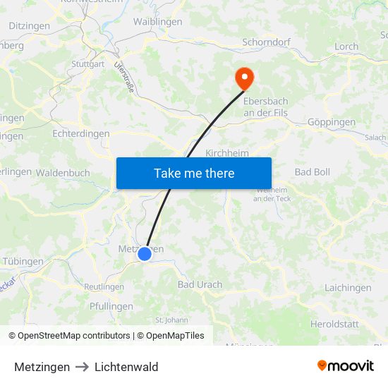 Metzingen to Lichtenwald map