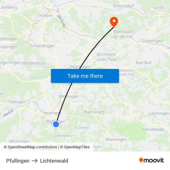 Pfullingen to Lichtenwald map