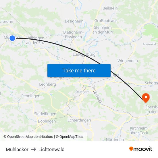 Mühlacker to Lichtenwald map