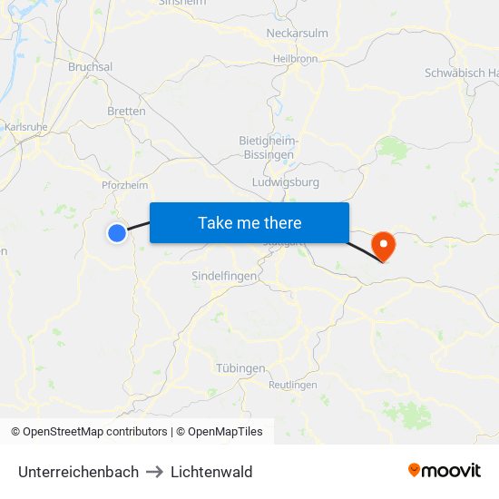 Unterreichenbach to Lichtenwald map