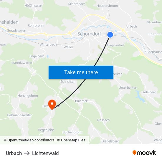 Urbach to Lichtenwald map