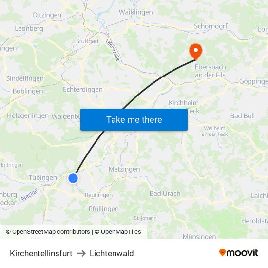 Kirchentellinsfurt to Lichtenwald map