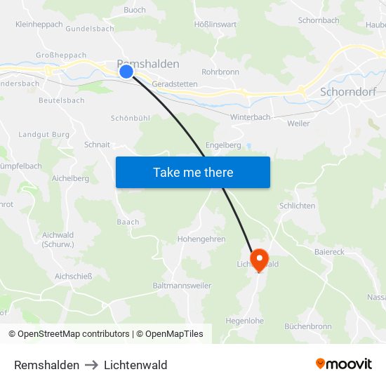 Remshalden to Lichtenwald map