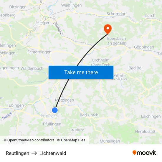 Reutlingen to Lichtenwald map