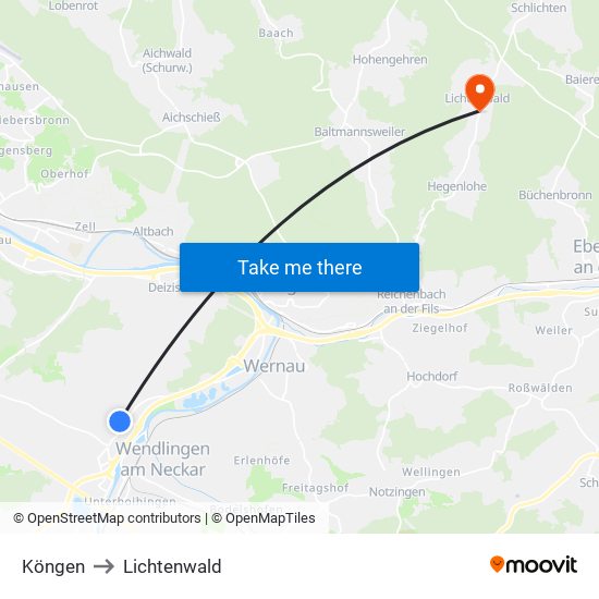 Köngen to Lichtenwald map