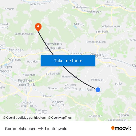 Gammelshausen to Lichtenwald map