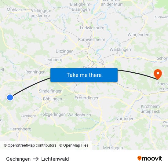 Gechingen to Lichtenwald map