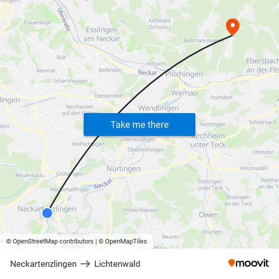 Neckartenzlingen to Lichtenwald map