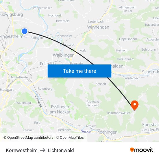 Kornwestheim to Lichtenwald map