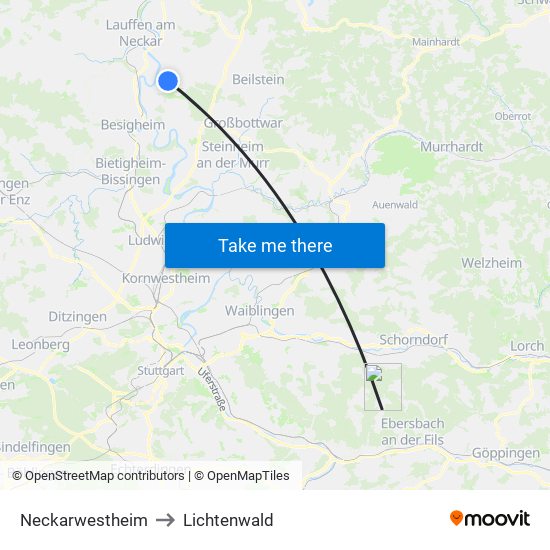 Neckarwestheim to Lichtenwald map