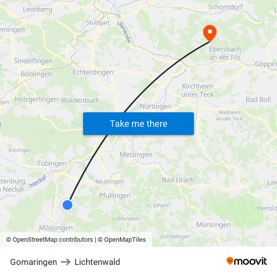 Gomaringen to Lichtenwald map