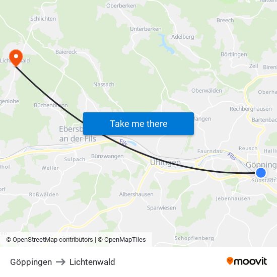 Göppingen to Lichtenwald map