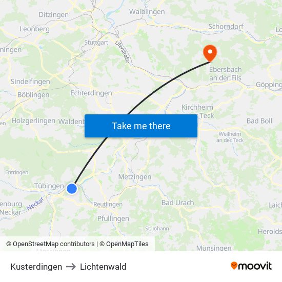 Kusterdingen to Lichtenwald map