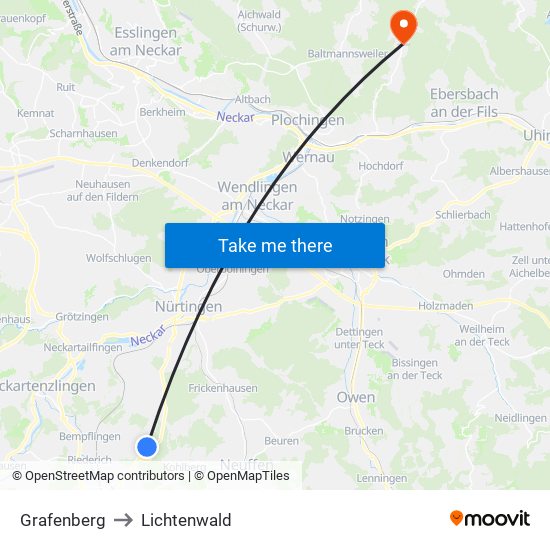 Grafenberg to Lichtenwald map