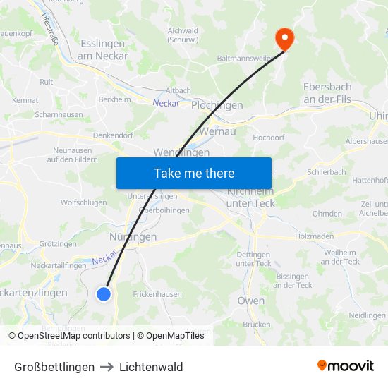 Großbettlingen to Lichtenwald map