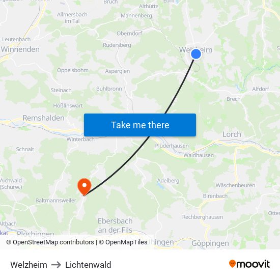 Welzheim to Lichtenwald map