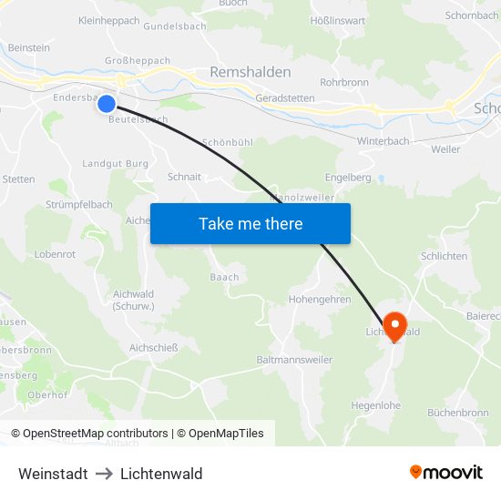 Weinstadt to Lichtenwald map