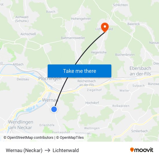 Wernau (Neckar) to Lichtenwald map