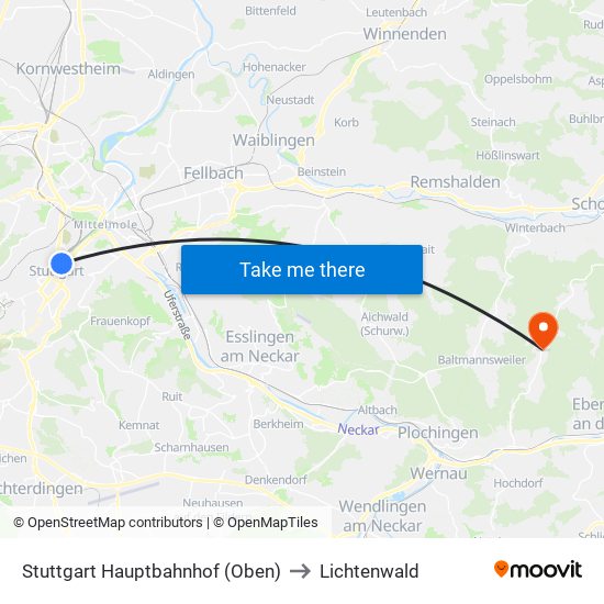 Stuttgart Hauptbahnhof (Oben) to Lichtenwald map