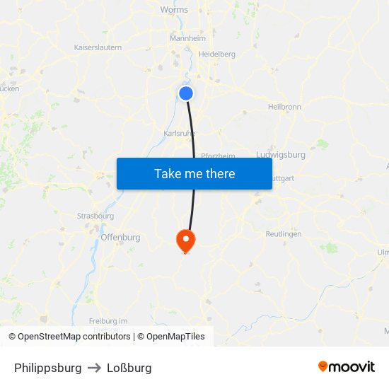 Philippsburg to Loßburg map