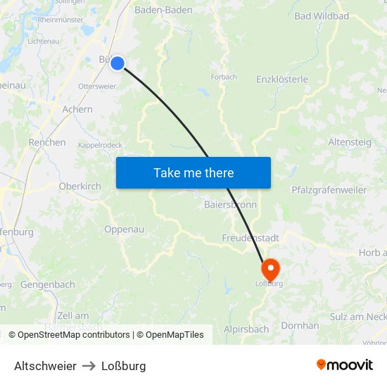 Altschweier to Loßburg map