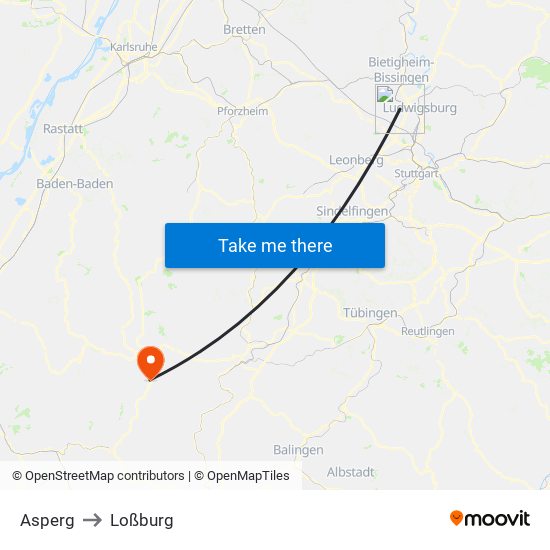 Asperg to Loßburg map