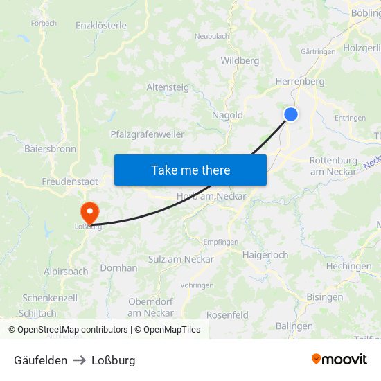 Gäufelden to Loßburg map