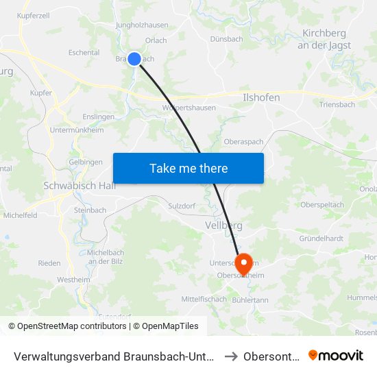 Verwaltungsverband Braunsbach-Untermünkheim to Obersontheim map