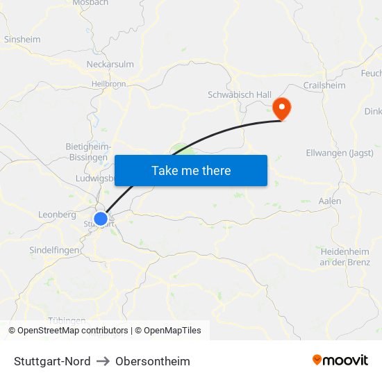 Stuttgart-Nord to Obersontheim map