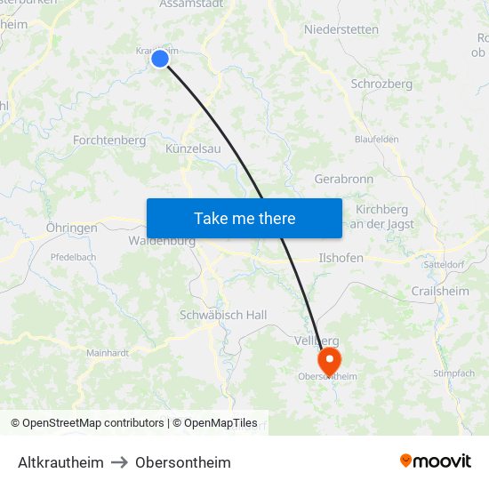Altkrautheim to Obersontheim map