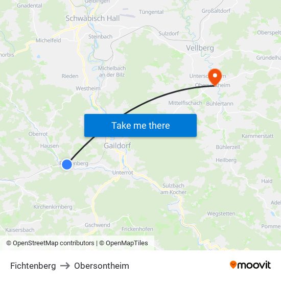 Fichtenberg to Obersontheim map