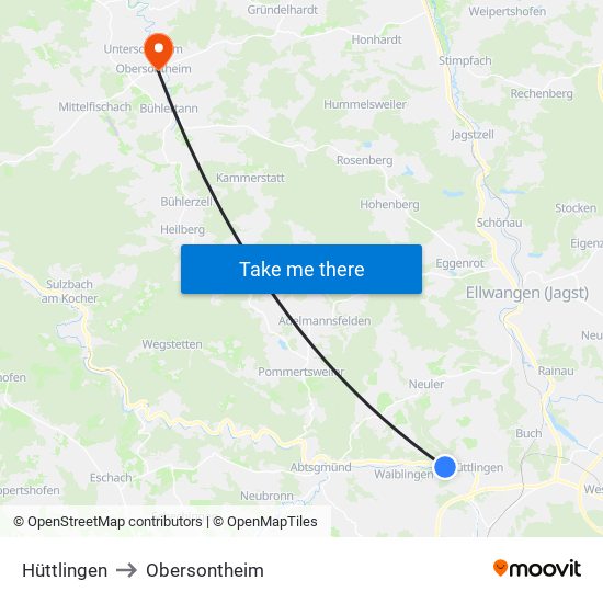 Hüttlingen to Obersontheim map