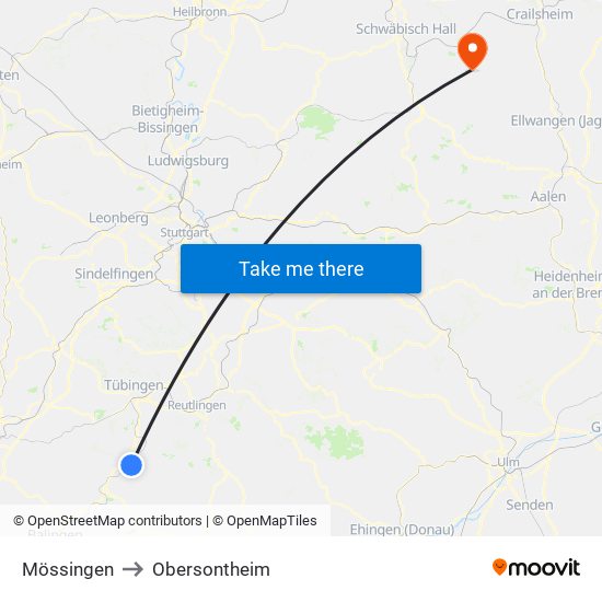 Mössingen to Obersontheim map