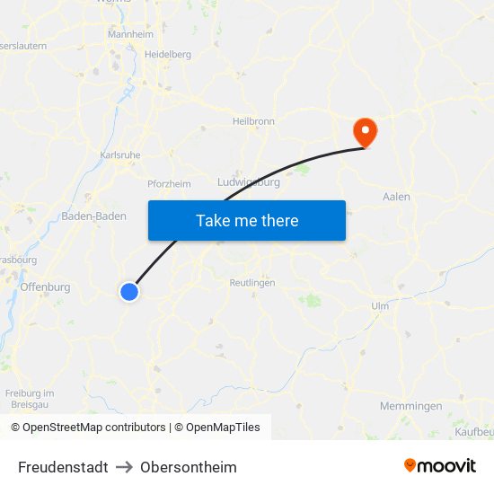 Freudenstadt to Obersontheim map