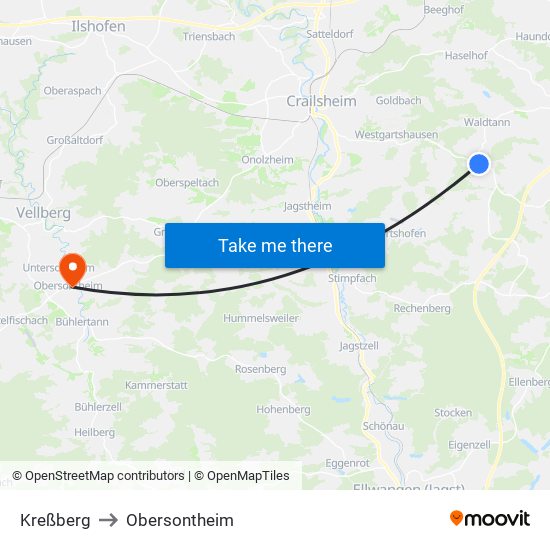 Kreßberg to Obersontheim map