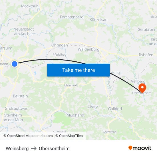 Weinsberg to Obersontheim map