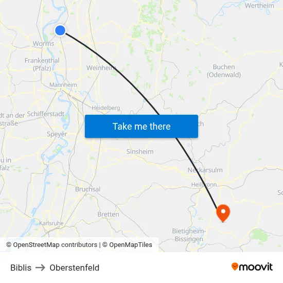 Biblis to Oberstenfeld map