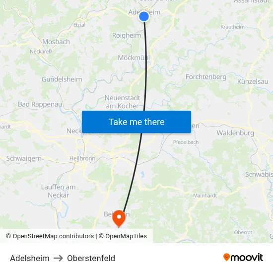 Adelsheim to Oberstenfeld map